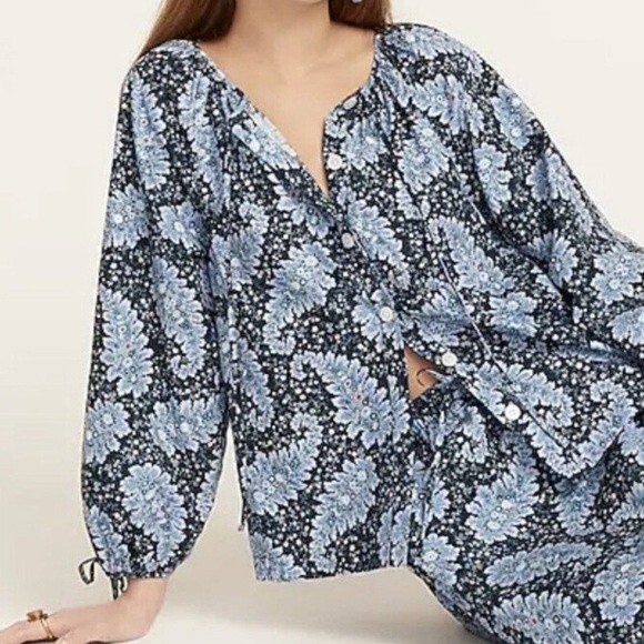 J Crew Collection Ratti Paisley Button Front Tie Sleeve Blouse‎ Blue Size Medium - Picture 1 of 15